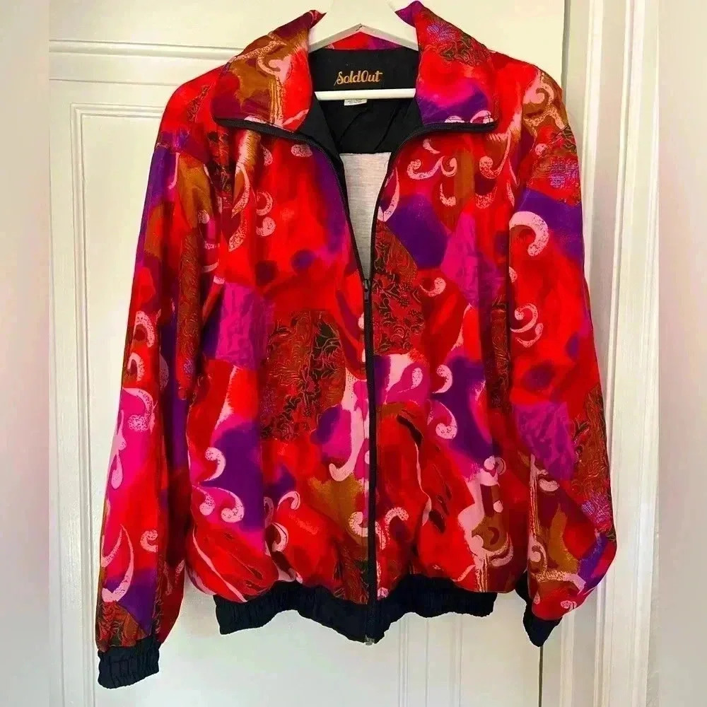 Vintage 80s 90s Abstract Print Bomber Jacket Colorful Statement Piece Medium